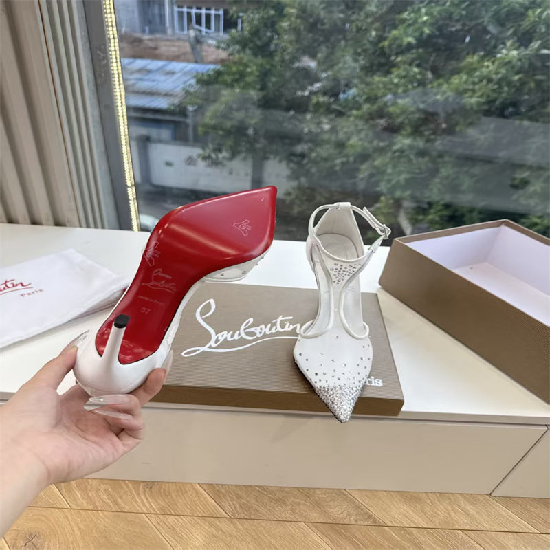 CL 【Red Sole】Pointed-toe T-strap high heels with rhinestones