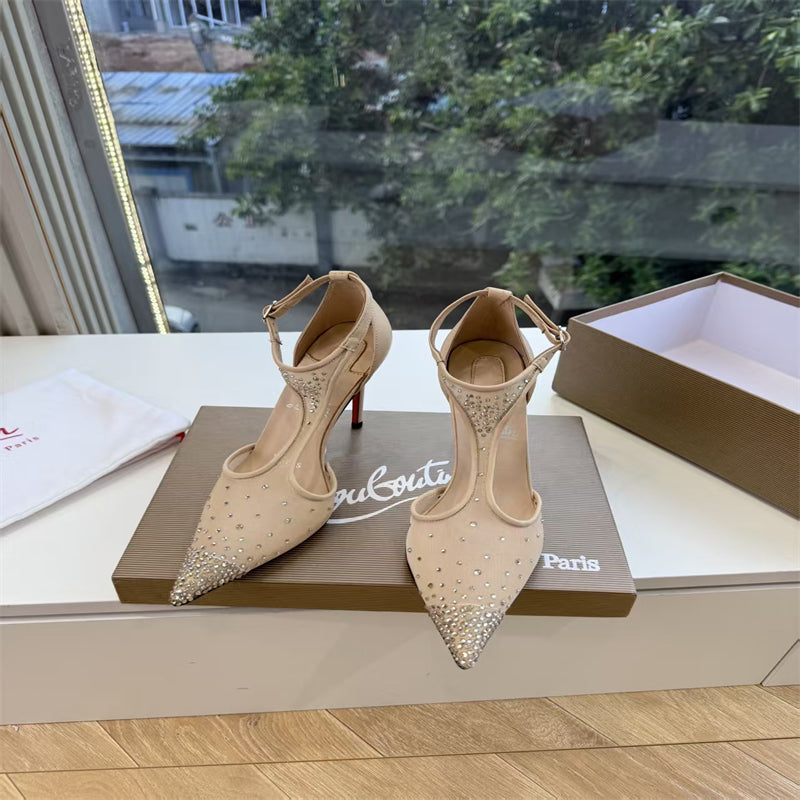 CL 【Red Sole】Pointed-toe T-strap high heels with rhinestones