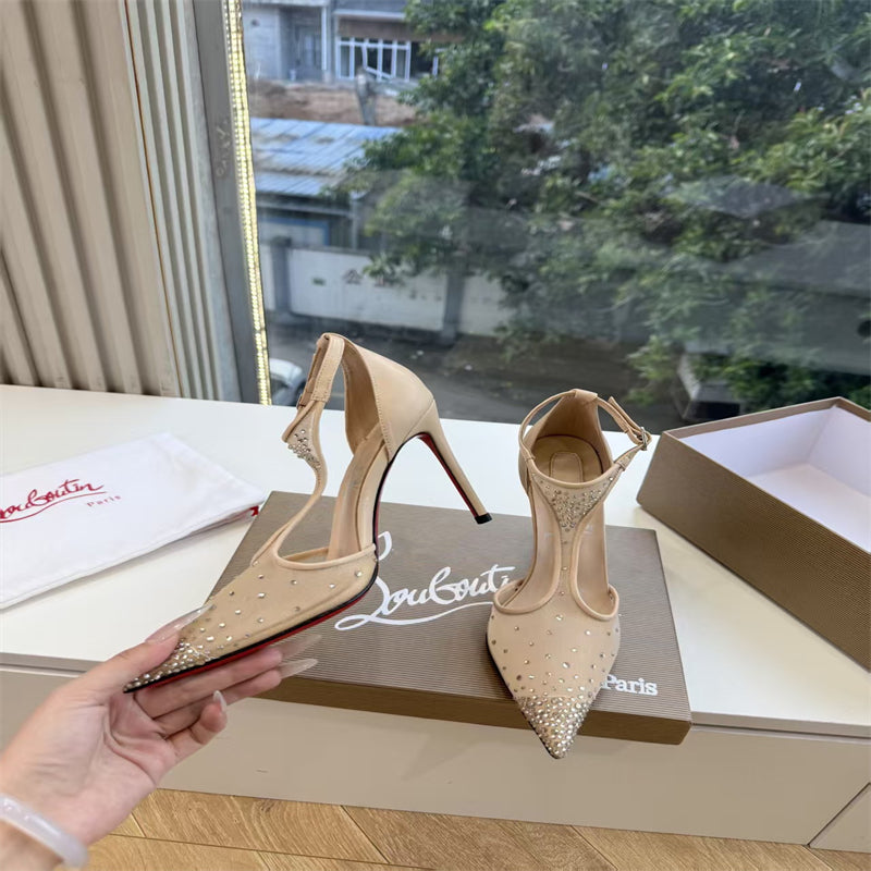 CL 【Red Sole】Pointed-toe T-strap high heels with rhinestones