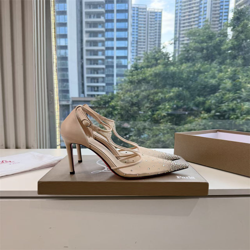CL 【Red Sole】Pointed-toe T-strap high heels with rhinestones