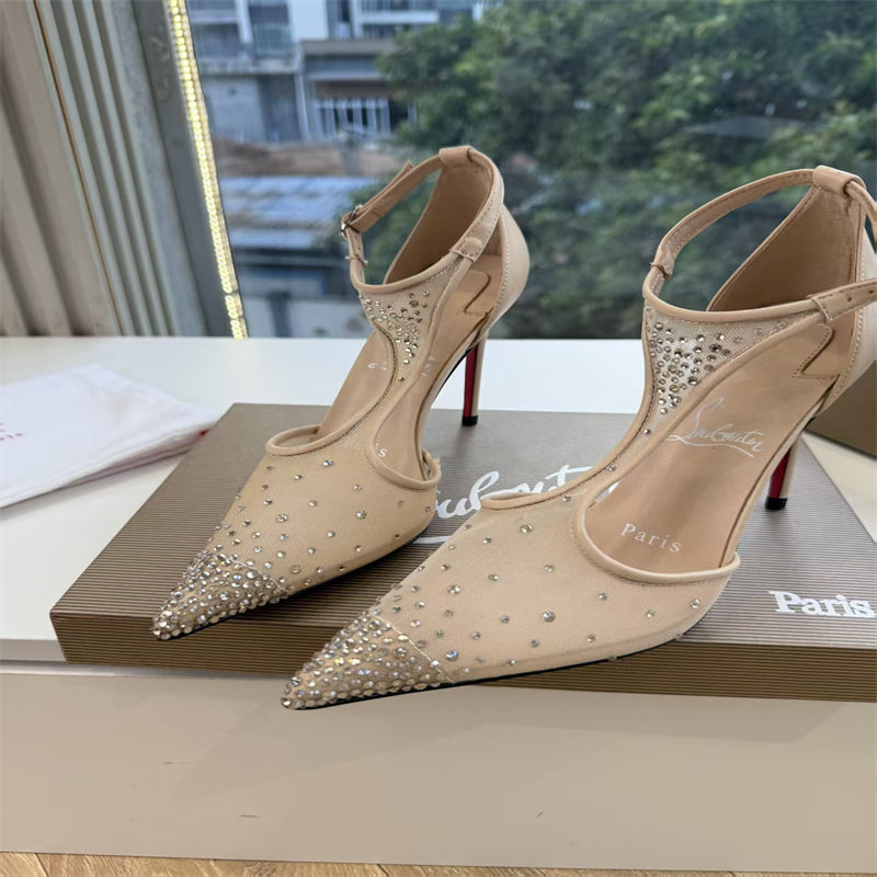 CL 【Red Sole】Pointed-toe T-strap high heels with rhinestones