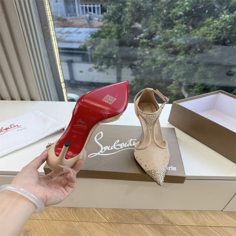 CL 【Red Sole】Pointed-toe T-strap high heels with rhinestones