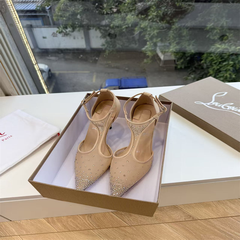 CL 【Red Sole】Pointed-toe T-strap high heels with rhinestones