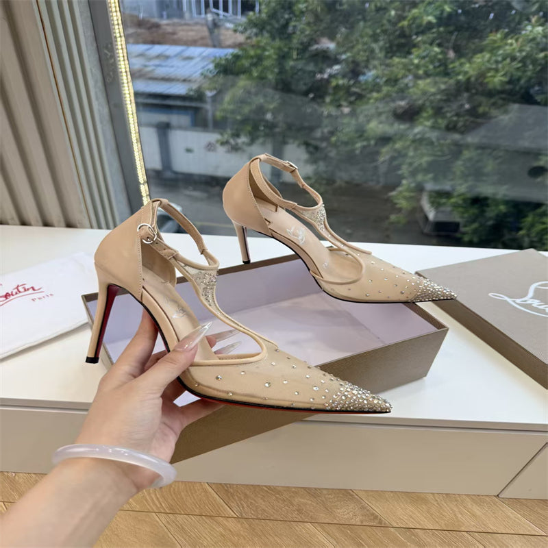 CL 【Red Sole】Pointed-toe T-strap high heels with rhinestones