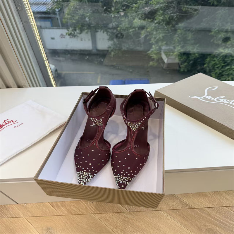 CL 【Red Sole】Pointed-toe T-strap high heels with rhinestones