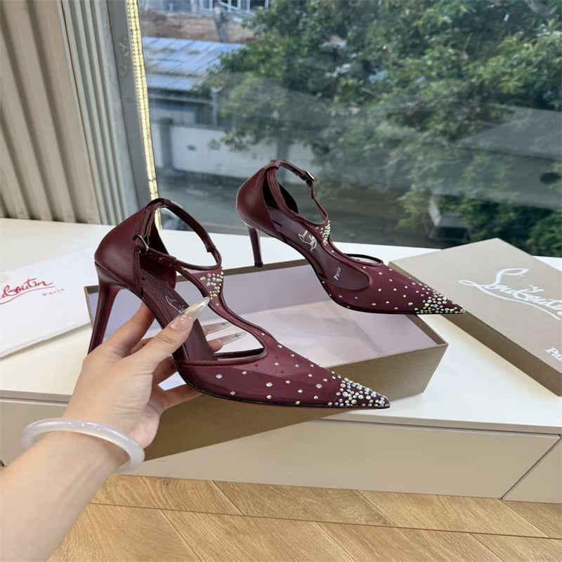 CL 【Red Sole】Pointed-toe T-strap high heels with rhinestones