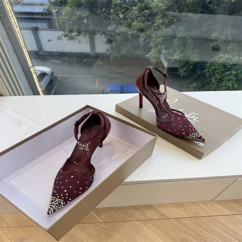 CL 【Red Sole】Pointed-toe T-strap high heels with rhinestones