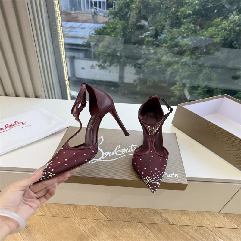 CL 【Red Sole】Pointed-toe T-strap high heels with rhinestones