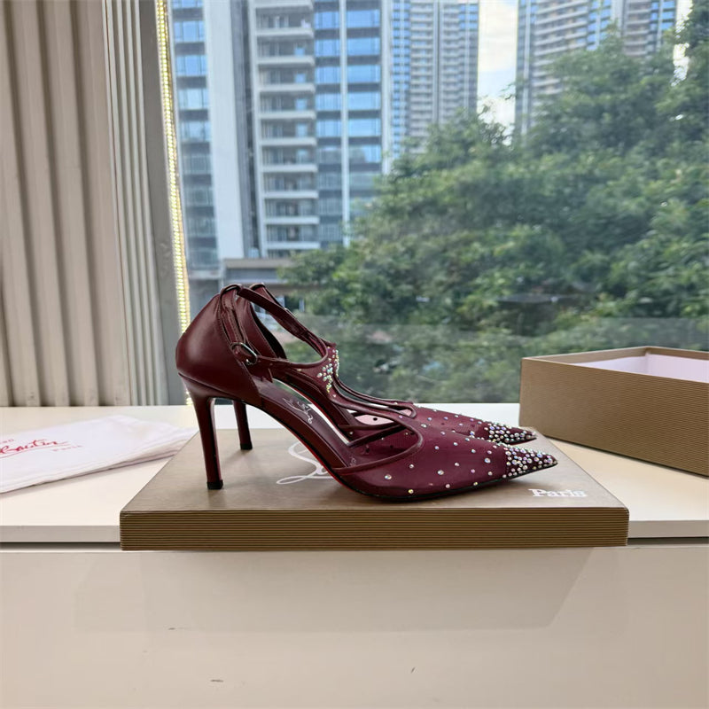 CL 【Red Sole】Pointed-toe T-strap high heels with rhinestones