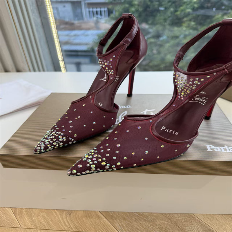 CL 【Red Sole】Pointed-toe T-strap high heels with rhinestones