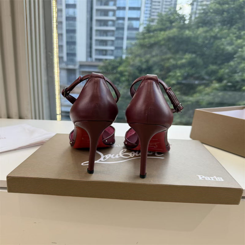 CL 【Red Sole】Pointed-toe T-strap high heels with rhinestones