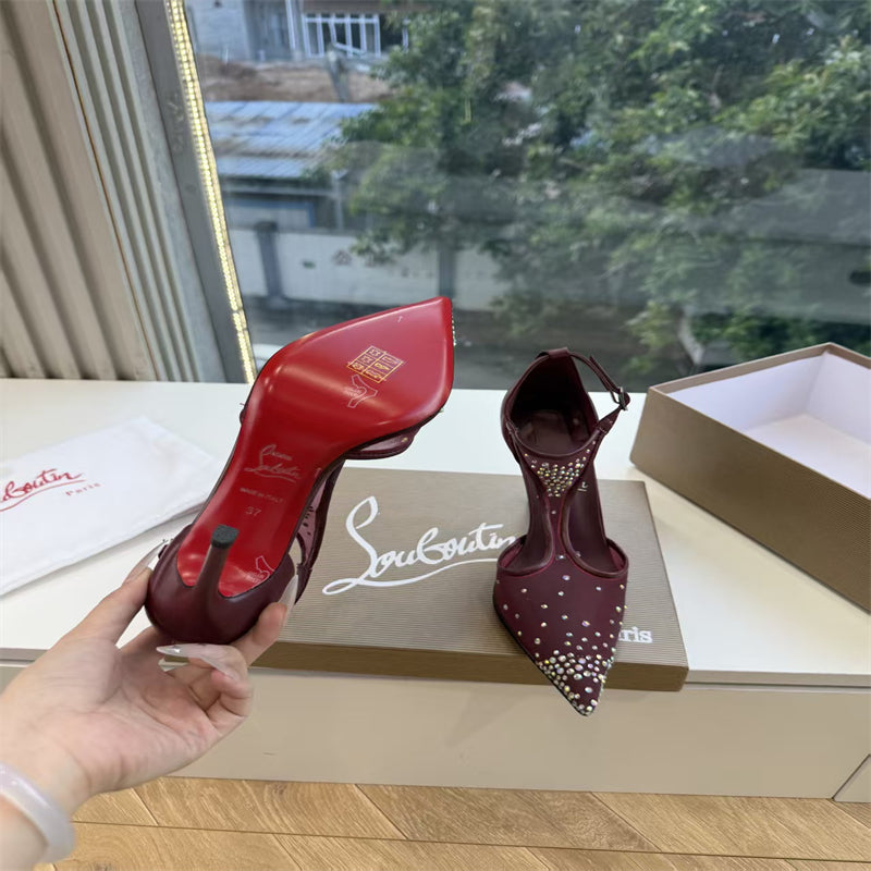 CL 【Red Sole】Pointed-toe T-strap high heels with rhinestones