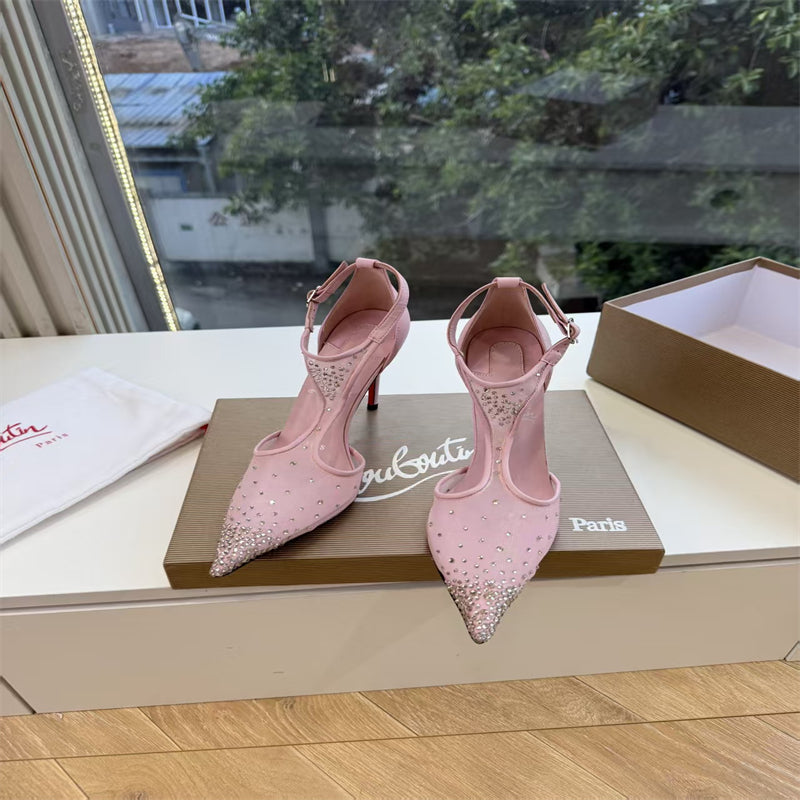 CL 【Red Sole】Pointed-toe T-strap high heels with rhinestones