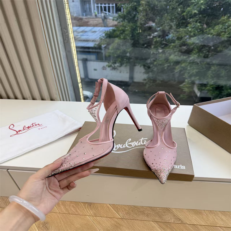 CL 【Red Sole】Pointed-toe T-strap high heels with rhinestones