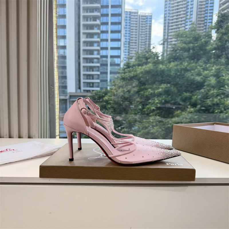 CL 【Red Sole】Pointed-toe T-strap high heels with rhinestones