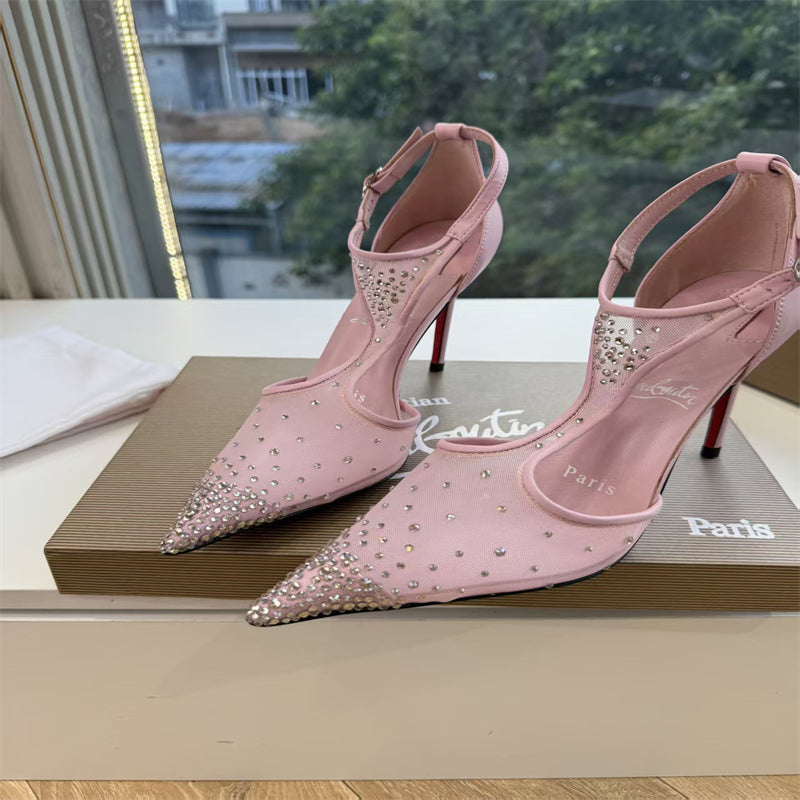 CL 【Red Sole】Pointed-toe T-strap high heels with rhinestones
