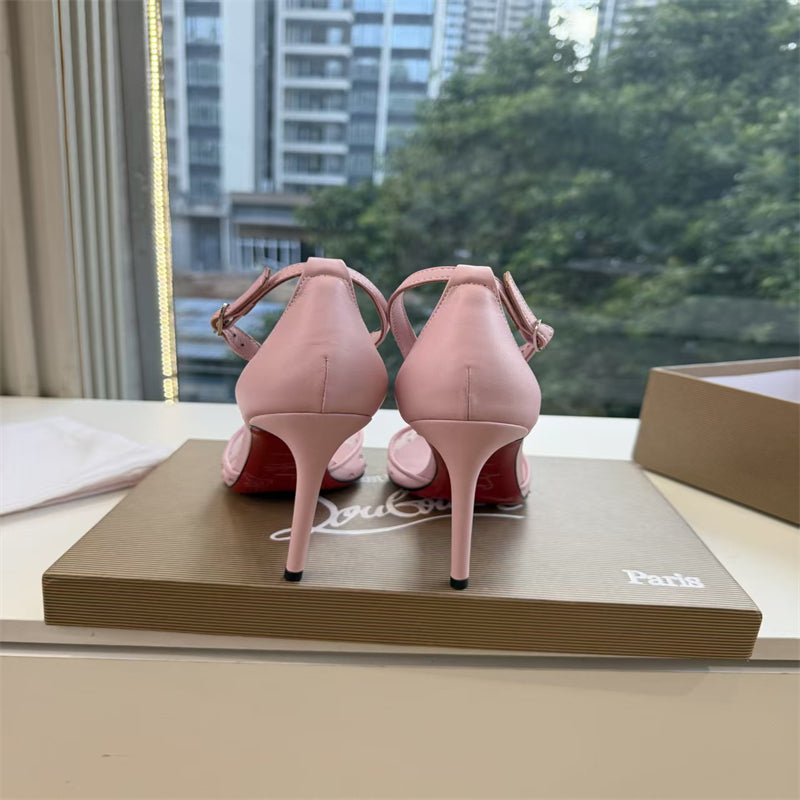 CL 【Red Sole】Pointed-toe T-strap high heels with rhinestones