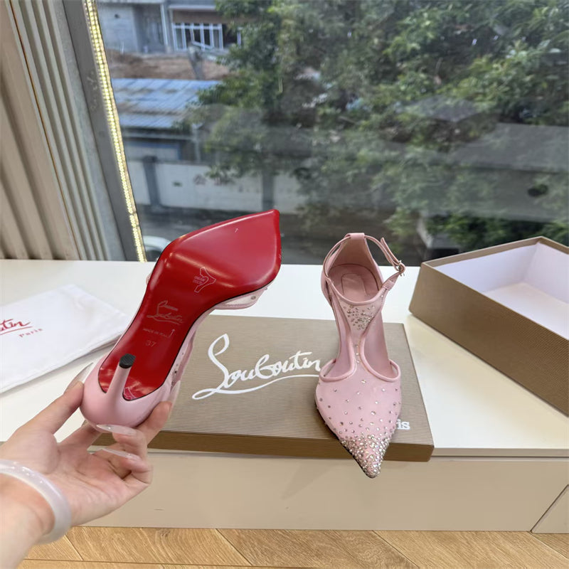 CL 【Red Sole】Pointed-toe T-strap high heels with rhinestones