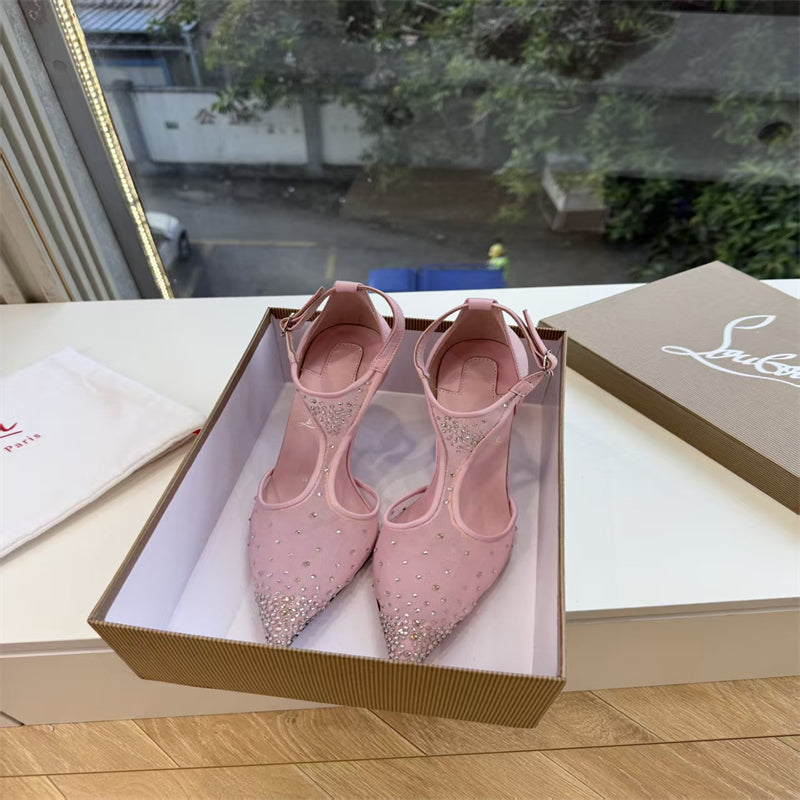 CL 【Red Sole】Pointed-toe T-strap high heels with rhinestones