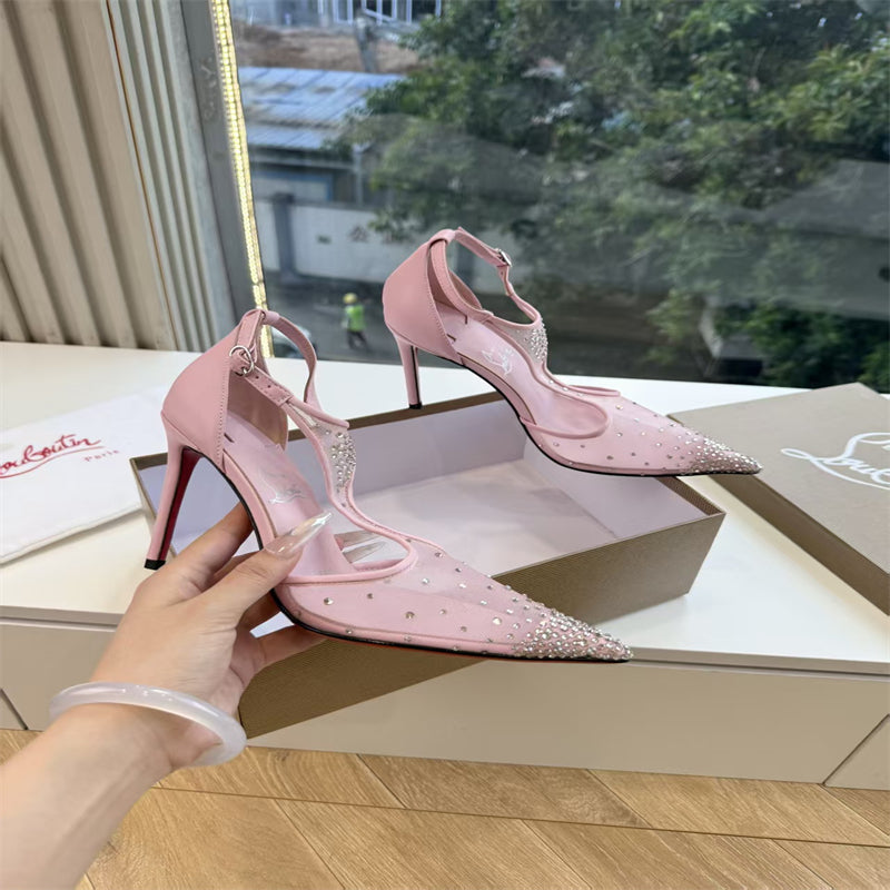 CL 【Red Sole】Pointed-toe T-strap high heels with rhinestones