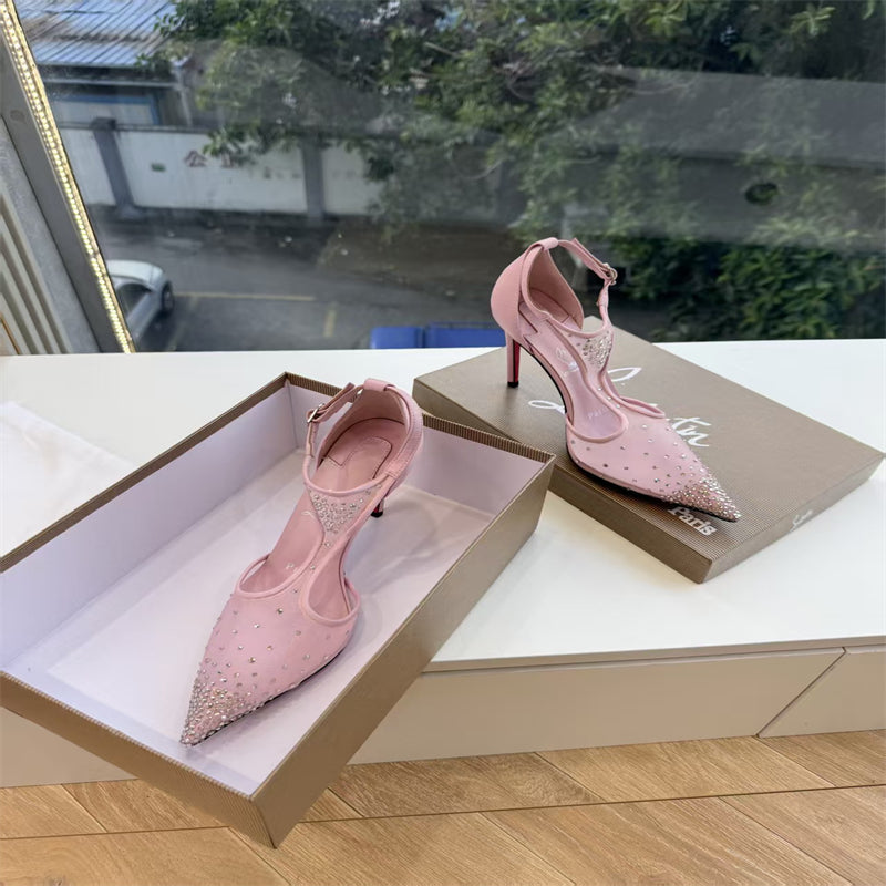 CL 【Red Sole】Pointed-toe T-strap high heels with rhinestones
