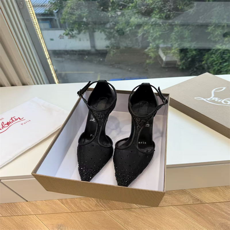 CL 【Red Sole】Pointed-toe T-strap high heels with rhinestones
