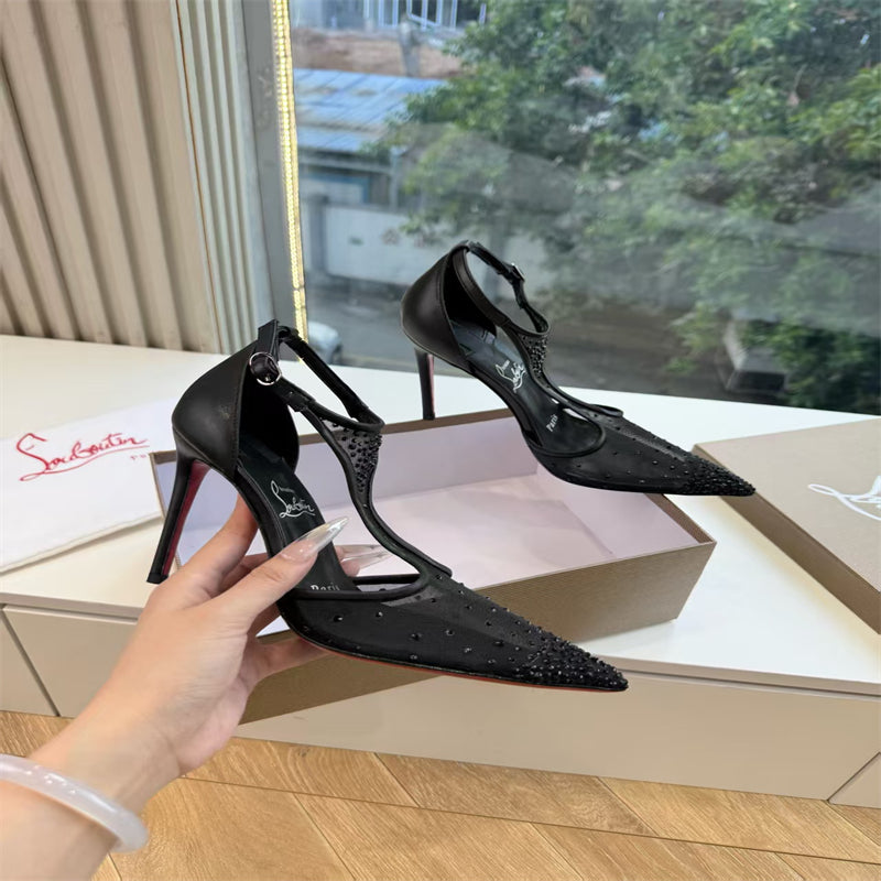CL 【Red Sole】Pointed-toe T-strap high heels with rhinestones