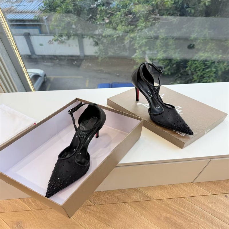 CL 【Red Sole】Pointed-toe T-strap high heels with rhinestones