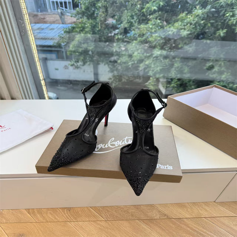 CL 【Red Sole】Pointed-toe T-strap high heels with rhinestones