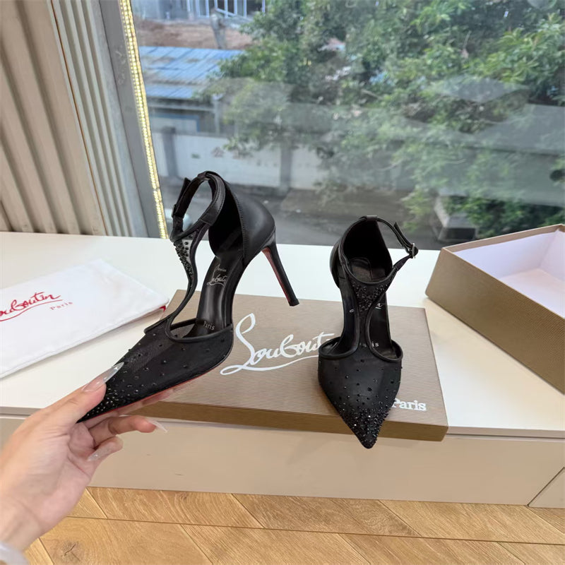 CL 【Red Sole】Pointed-toe T-strap high heels with rhinestones