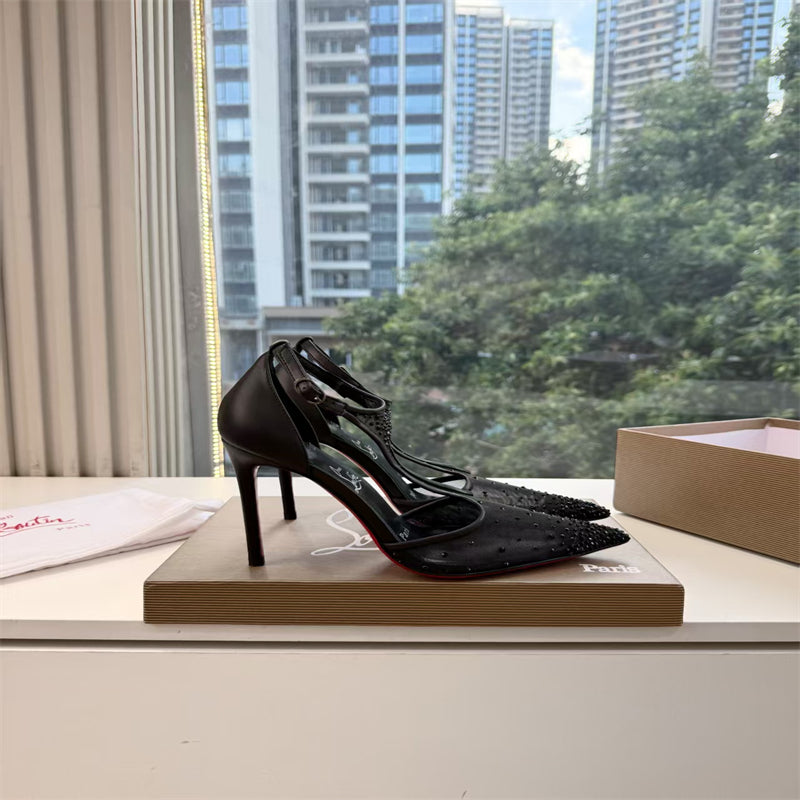 CL 【Red Sole】Pointed-toe T-strap high heels with rhinestones