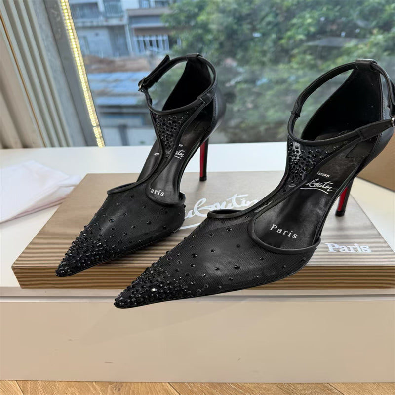 CL 【Red Sole】Pointed-toe T-strap high heels with rhinestones