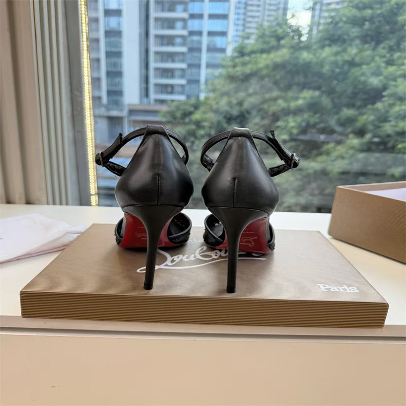 CL 【Red Sole】Pointed-toe T-strap high heels with rhinestones