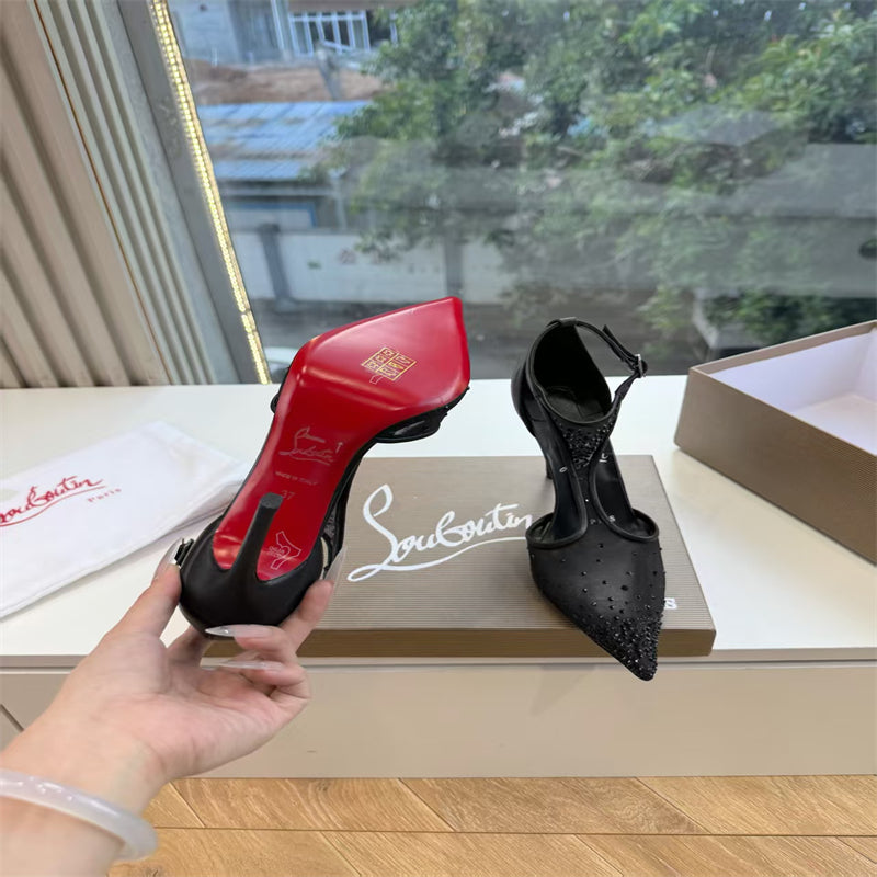 CL 【Red Sole】Pointed-toe T-strap high heels with rhinestones