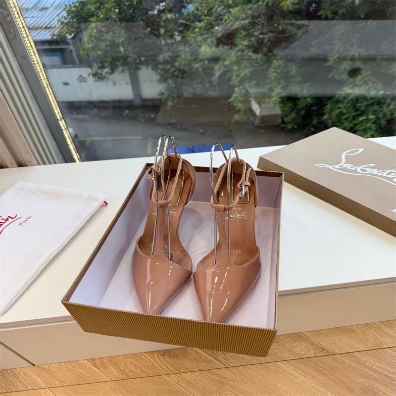 CL 【Red Sole】Nude patent leather T-strap high heels