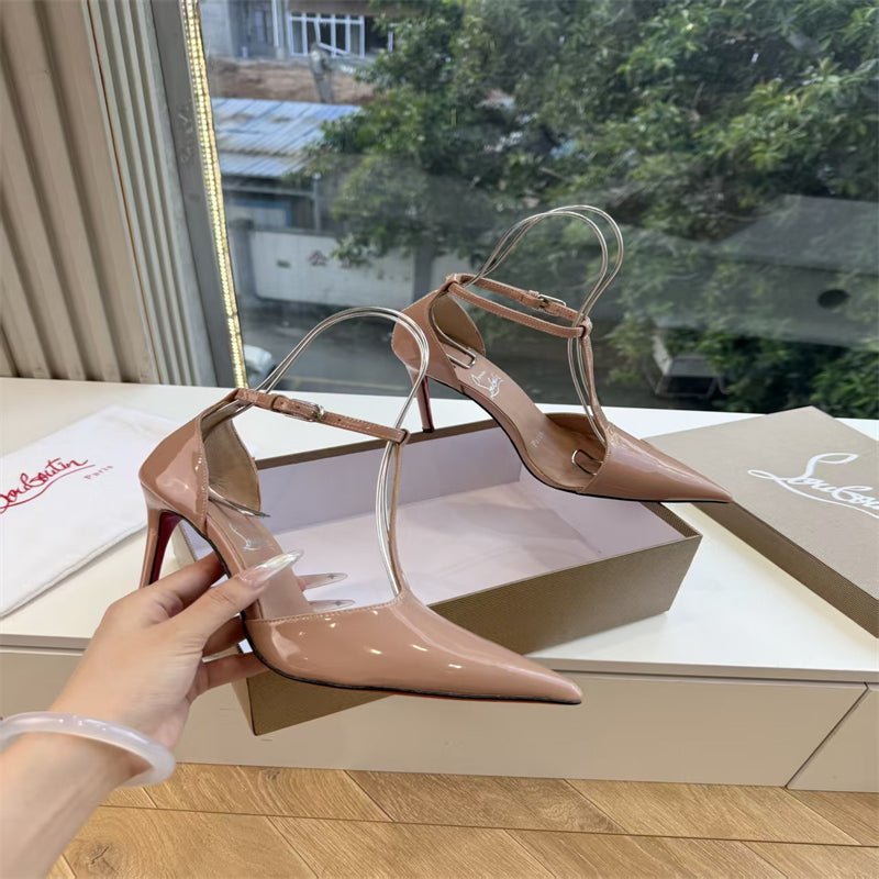 CL 【Red Sole】Nude patent leather T-strap high heels