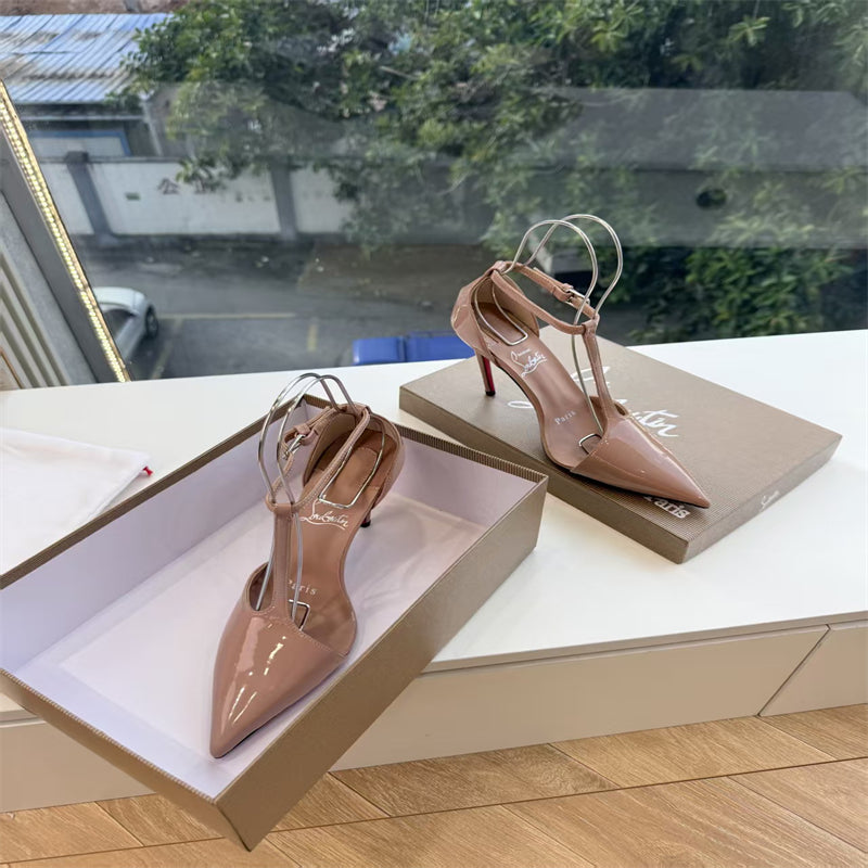 CL 【Red Sole】Nude patent leather T-strap high heels
