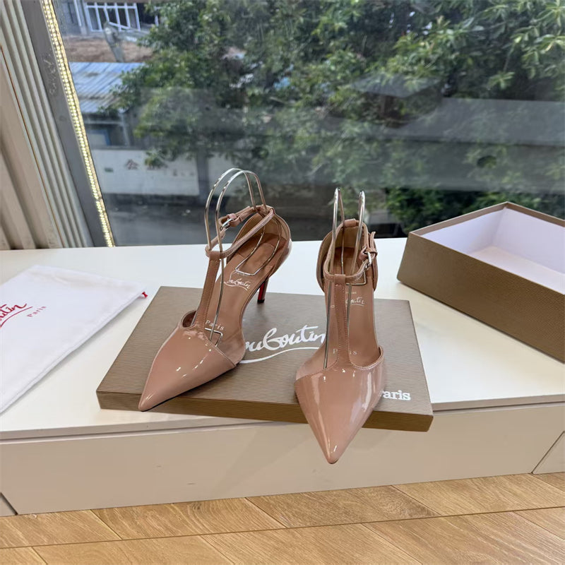 CL 【Red Sole】Nude patent leather T-strap high heels