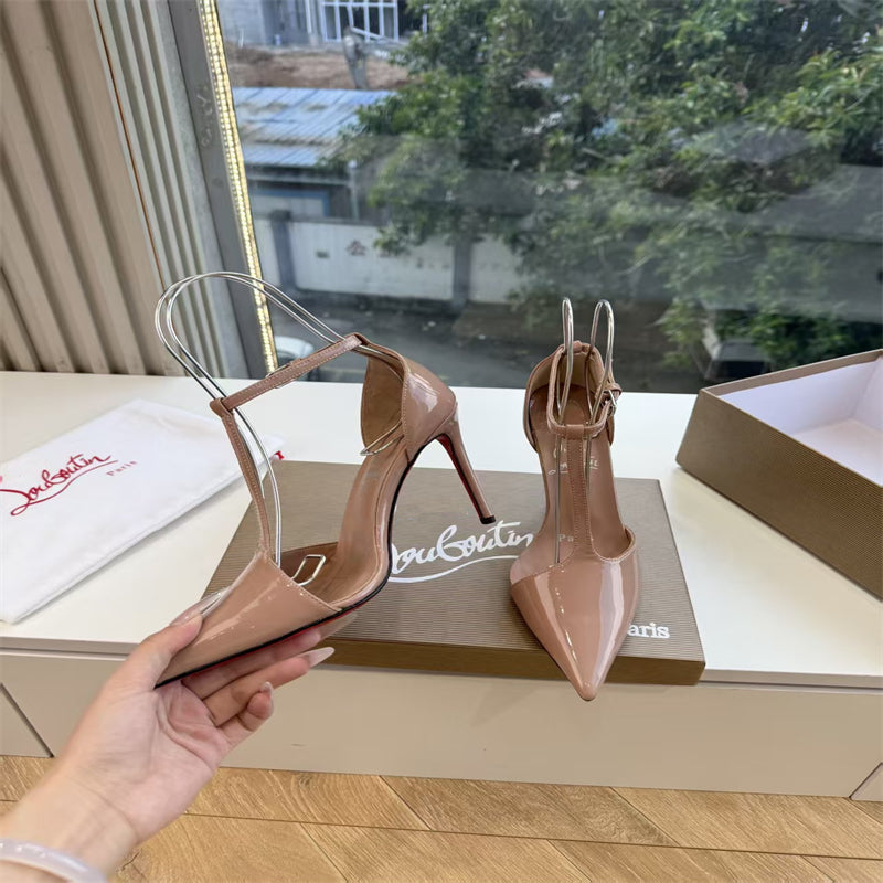 CL 【Red Sole】Nude patent leather T-strap high heels