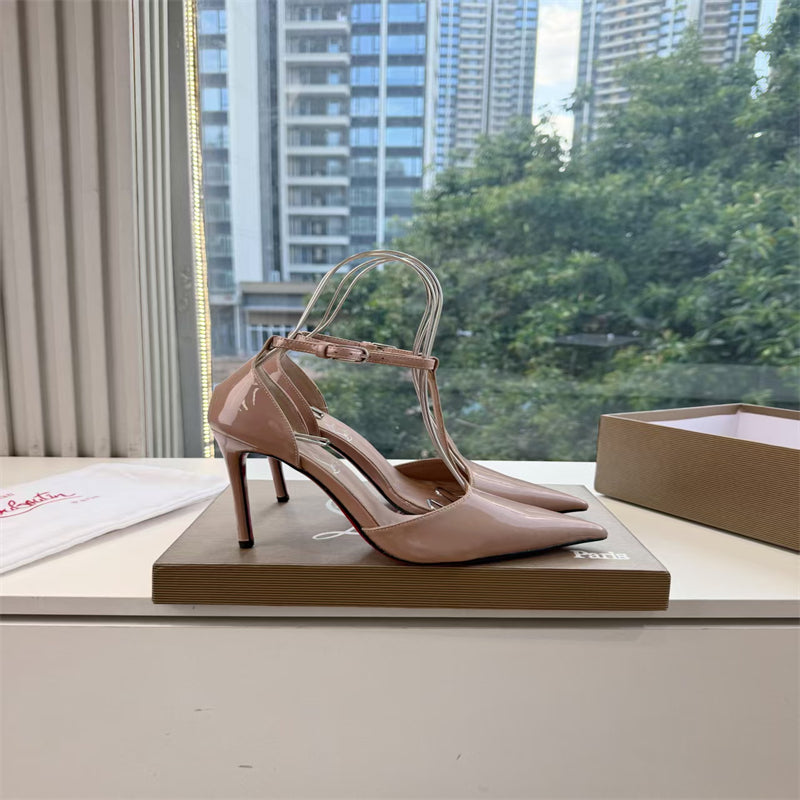 CL 【Red Sole】Nude patent leather T-strap high heels