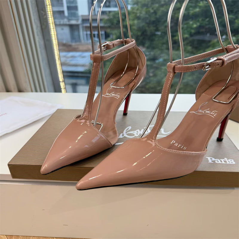 CL 【Red Sole】Nude patent leather T-strap high heels