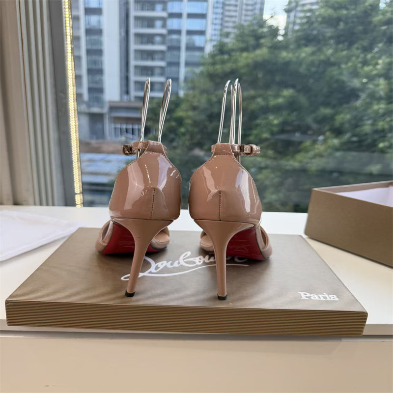 CL 【Red Sole】Nude patent leather T-strap high heels
