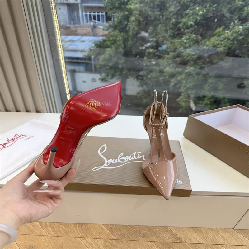 CL 【Red Sole】Nude patent leather T-strap high heels