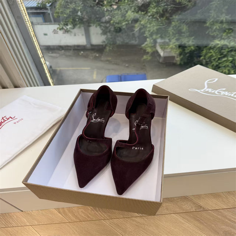 CL 【Red Sole】Suede T-strap high heels