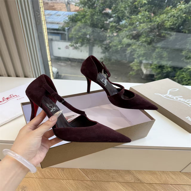 CL 【Red Sole】Suede T-strap high heels