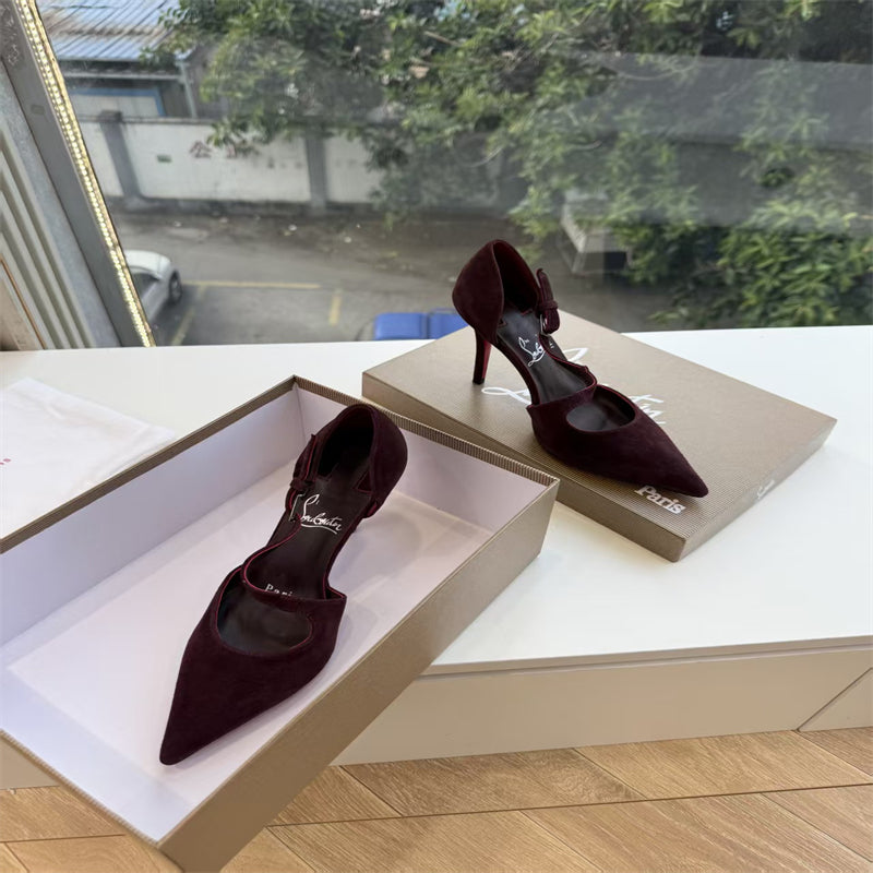 CL 【Red Sole】Suede T-strap high heels