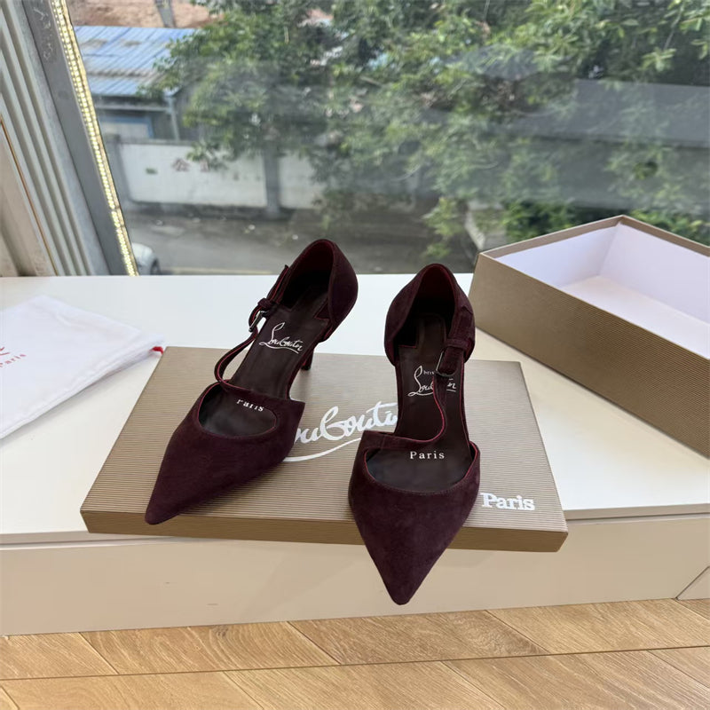 CL 【Red Sole】Suede T-strap high heels