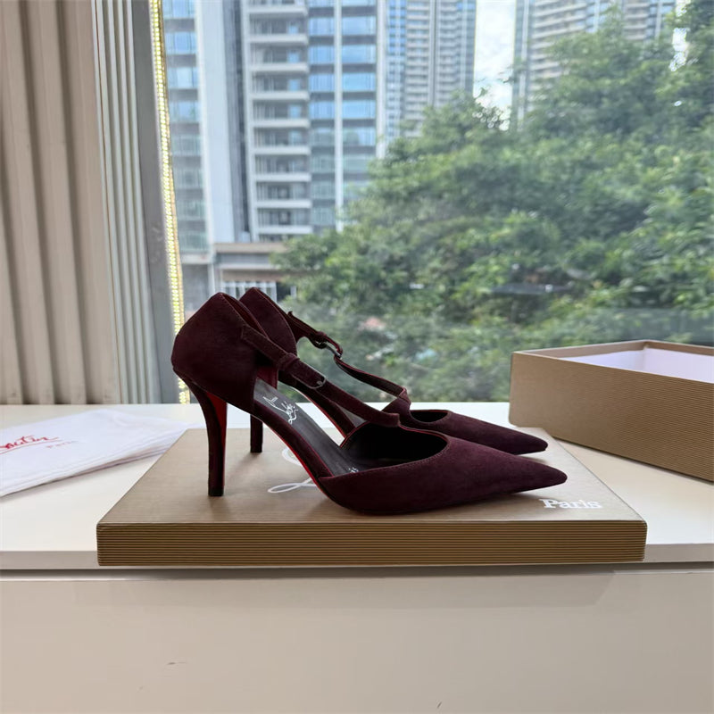 CL 【Red Sole】Suede T-strap high heels