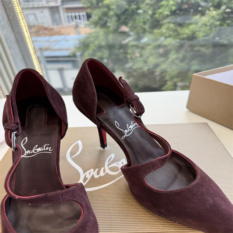 CL 【Red Sole】Suede T-strap high heels