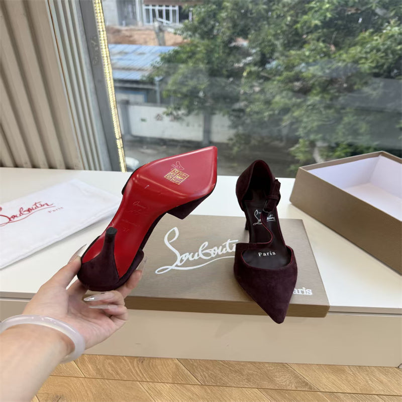 CL 【Red Sole】Suede T-strap high heels